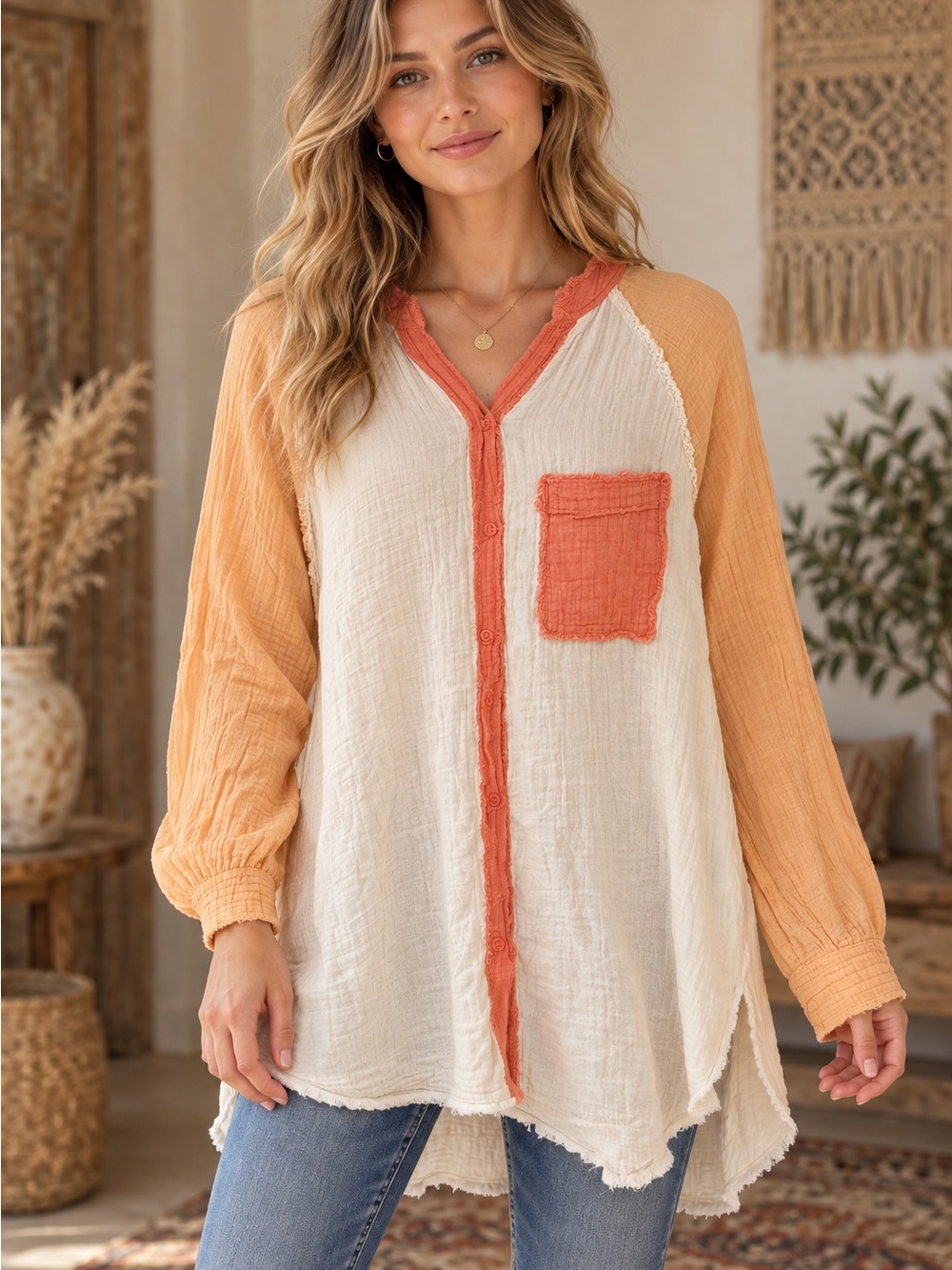 aerie Cream Gauzy Tunic and Mango Tunic (090890) 🌼 ☀️